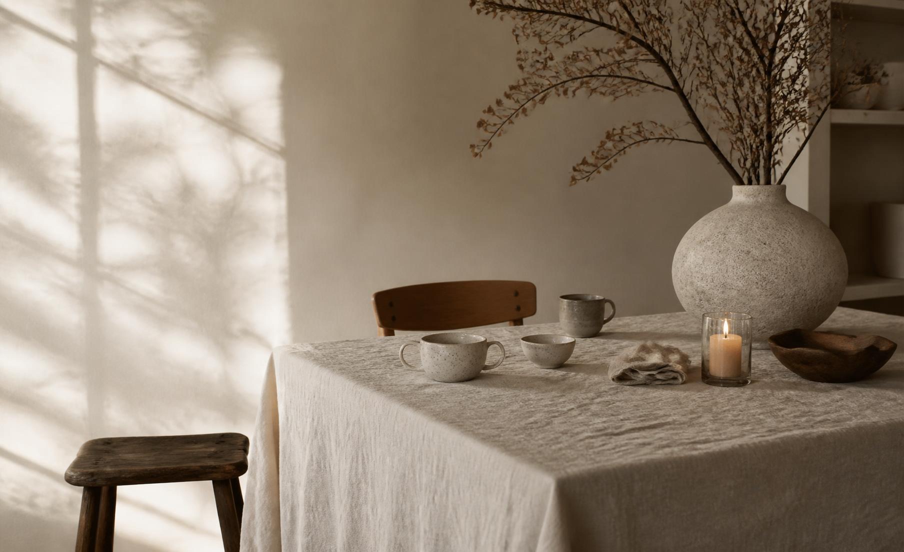Mesa de comedor con mantel de lino, tazas de cerámica y una vela encendida junto a la ventana